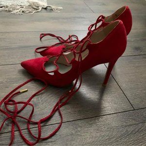 Red Suede Lace-Up Stiletto Pumps - Size 8